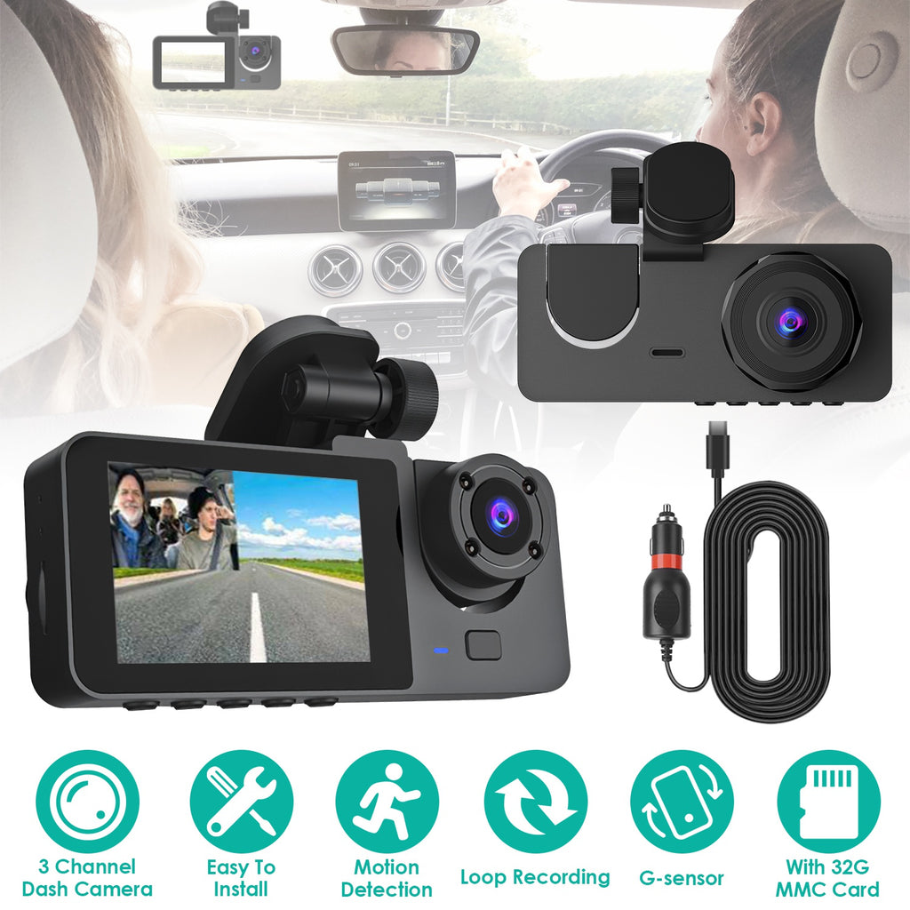 3-channel dash cam with screen, three lenses and car charger cable, with icons for loop recording and G-sensor