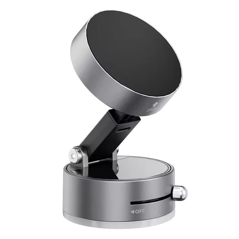 Foldable magnetic car phone mount with suction base, arm raised