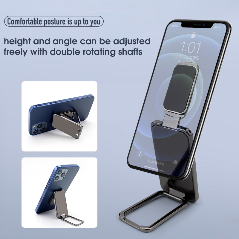 Foldable magnetic phone stand shown holding a smartphone on a desk
