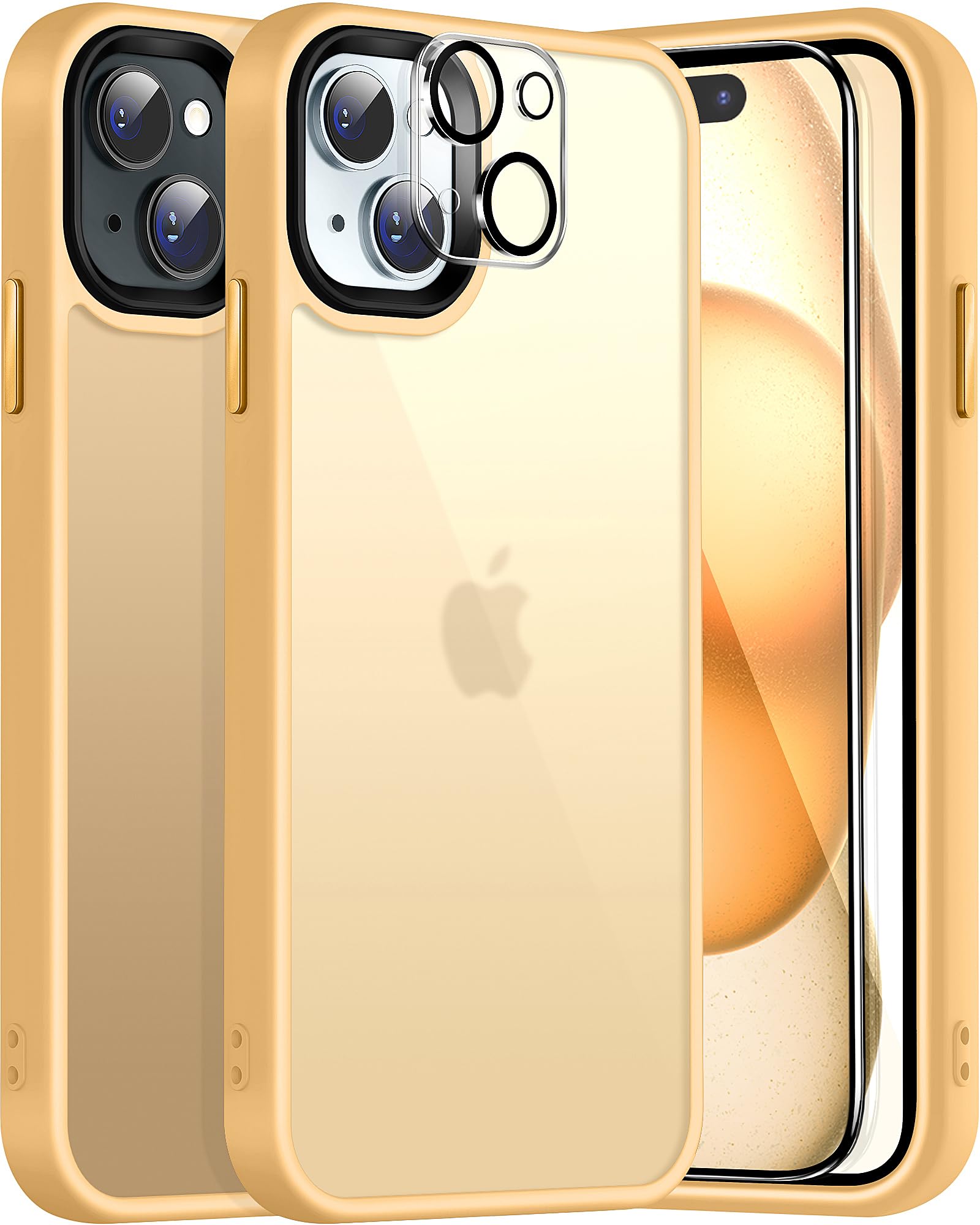 Dssairo 5 in 1 for iPhone 15 Case with 2X Screen Protectors + 2X Camera Lens Protectors [15FT Military Grade Protection] Anti-Fingerprints Anti-Scratch Translucent Matte Back (Yellow)…