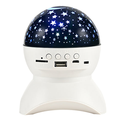 Bluetooth speaker with colorful LED light projector glowing in multicolor on a dark background
