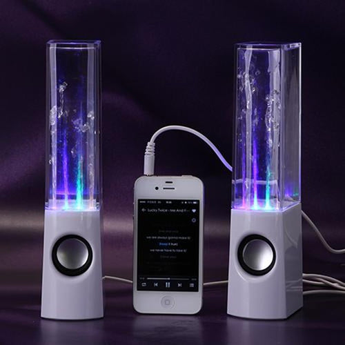 Dancing water speaker with colorful LED light fountain display, compact design with 3.5mm audio jack connection