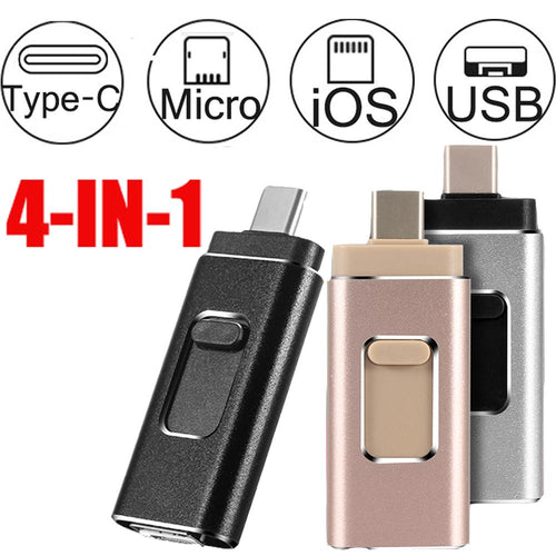 4-in-1 USB flash drive with Type-C, USB-A, and Lightning connectors compatible with iPhone and Android devices