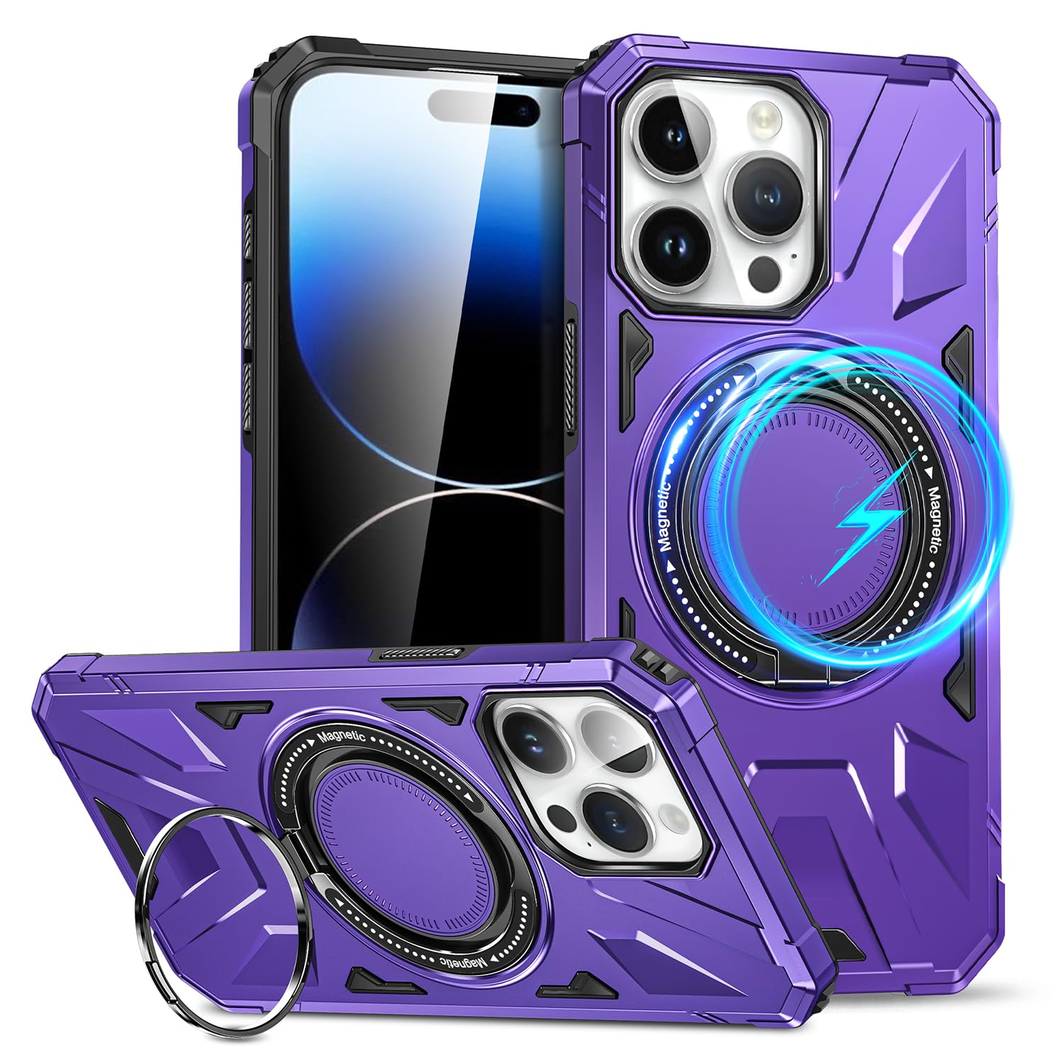 Phone Case for iPhone 14 Pro Max Case with Stand 360°Rotatable Invisible Ring for Magnetic Car Mount[Compatible with MagSafe] Rugged Drop Protection for Magsafe iPhone 14 Pro Max Phone Case Purple