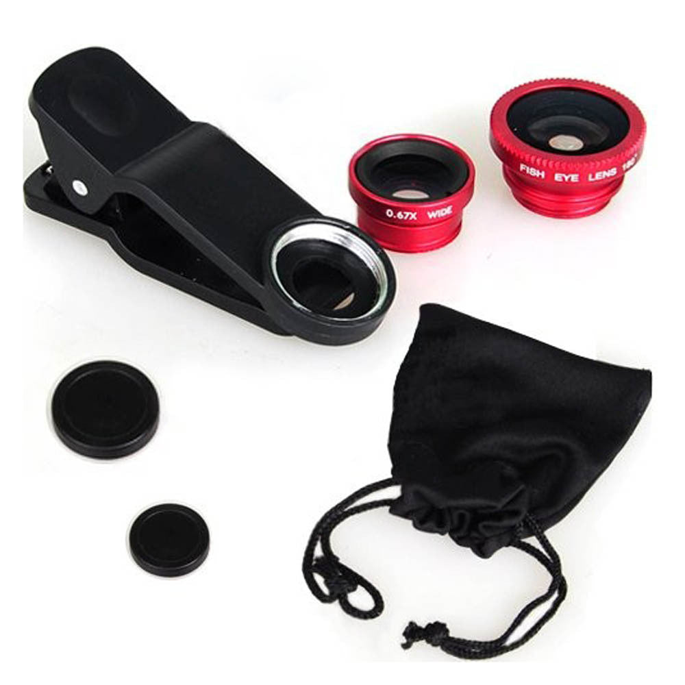 3-in-1 clip-on phone camera lens kit with fisheye wide-angle and macro lenses