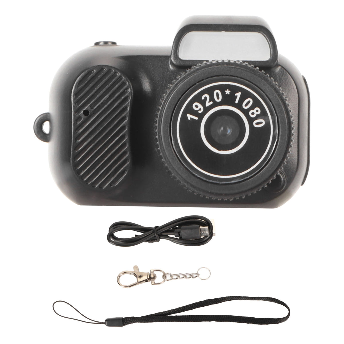 Black retro-style mini keychain digital camera, front view