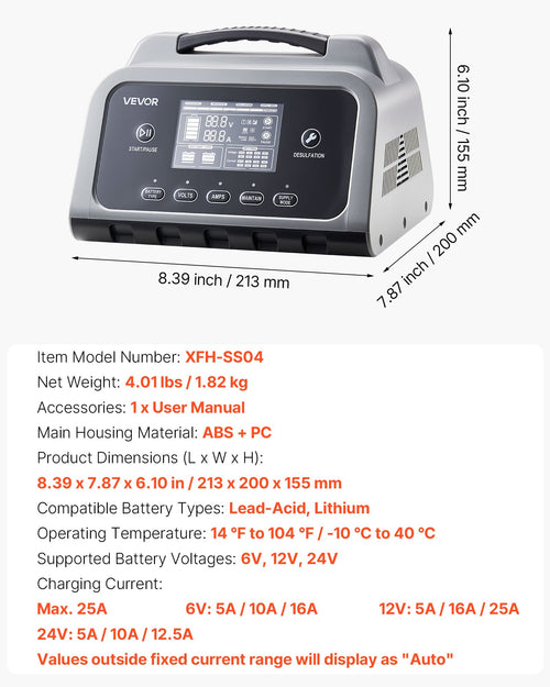 25A smart car battery charger with LCD display