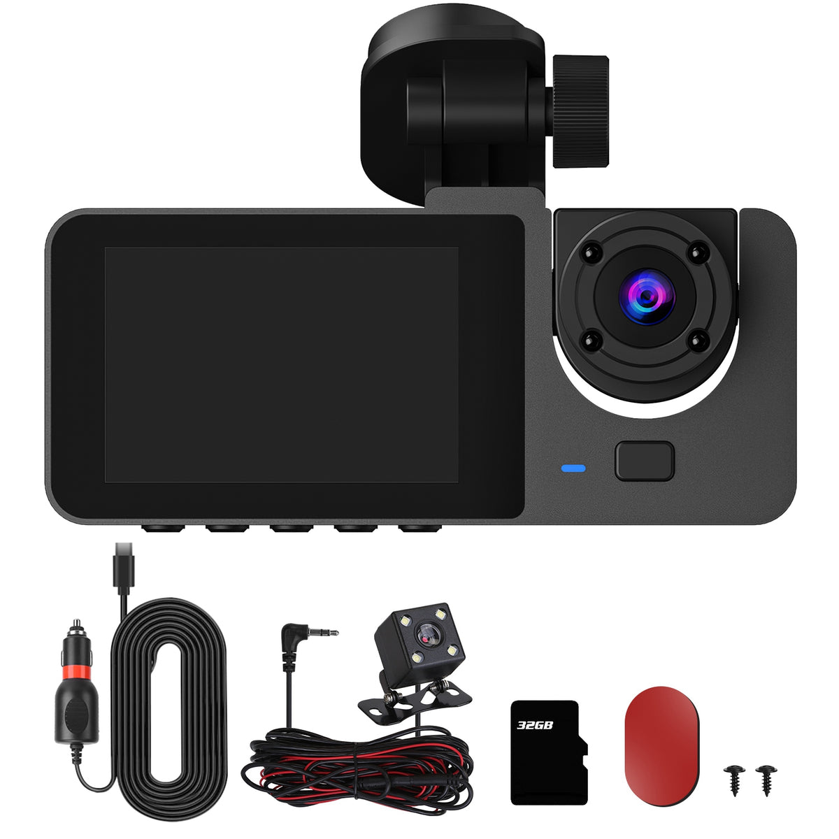 Dash cam with its parts: charger cable, rear camera with cable, 32GB card, adhesive pad and screws