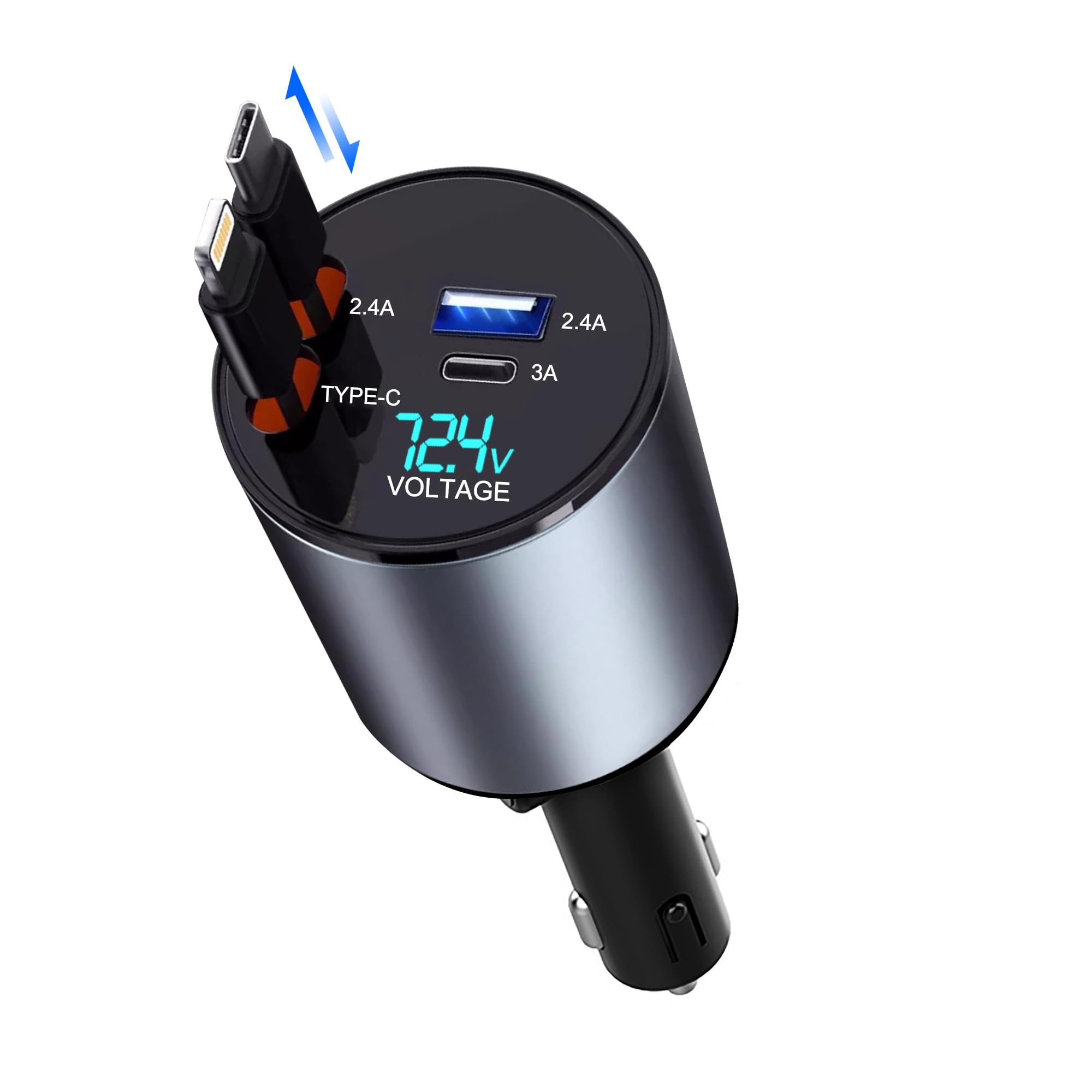 Retractable Car Charger 4 in 1 Fast Charge USB C Car Charger Adapter with Retractable Cord Cable 100W Car Phone Charger for iPhone 15 Pro Max Plus 14 13 12
