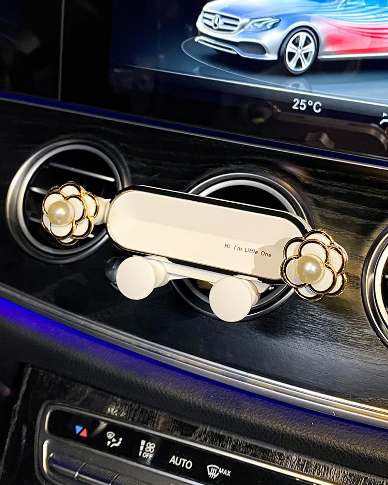 Car Cellphone Holder Camellia Stocking Stuffers Elegant Flower Crystal Air Vent Phone Holder Vehicle Phone Mount Clip Cell Phone Mount Cradle Decor for Smartphone Nice Gift (Pearl White Flower)
