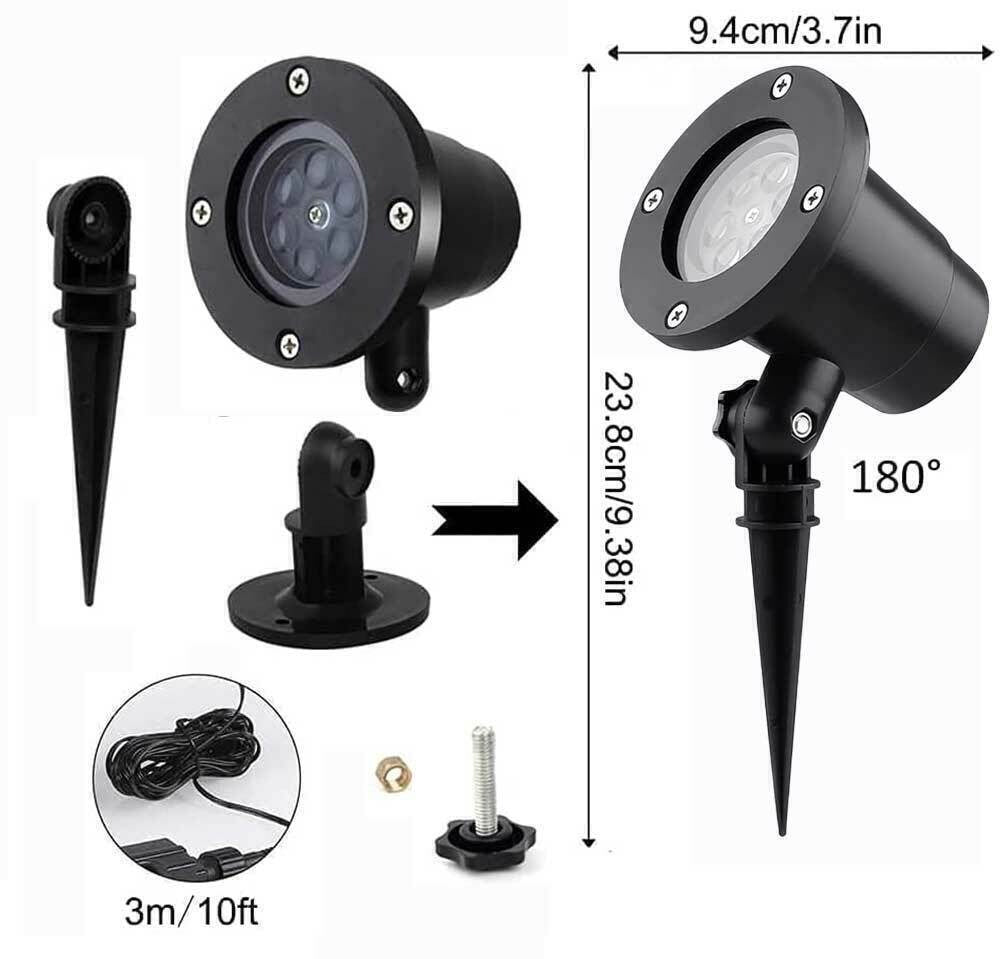 Projector light parts and size: 3.7 in wide, 9.38 in tall on the stake, 10 ft cord, 180 degree tilt