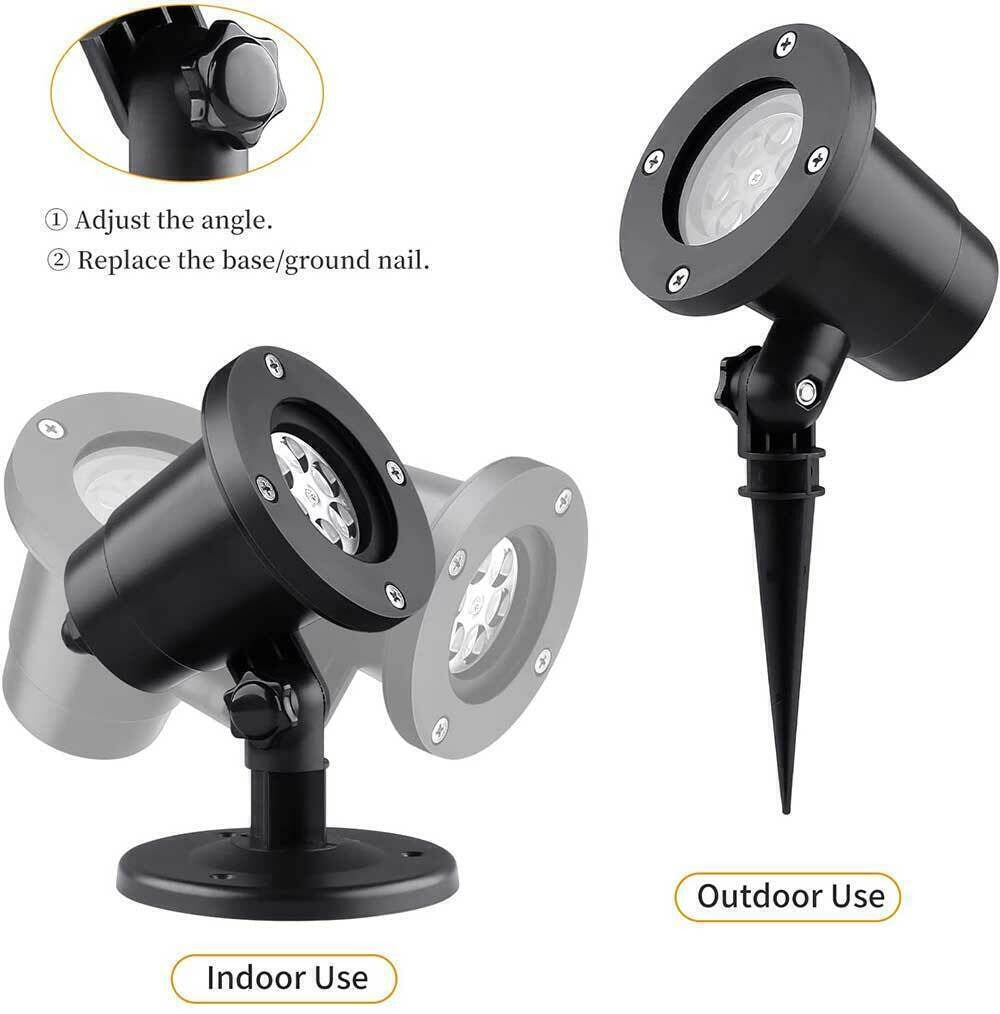 Projector head with tilt knob shown on the round base for indoor use and on the ground stake for outdoor use