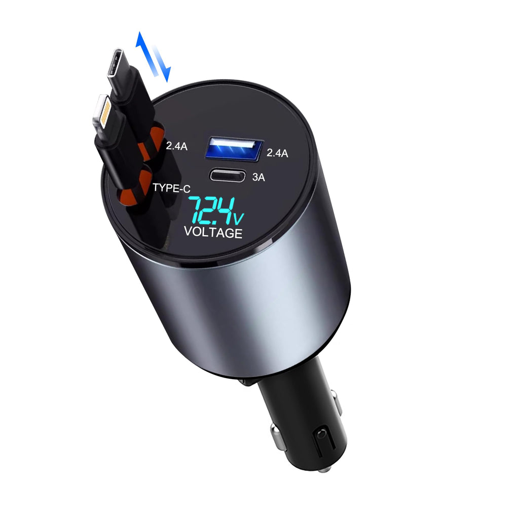 Retractable Car Charger 4 in 1 Fast Charge USB C Car Charger Adapter with Retractable Cord Cable 100W Car Phone Charger for iPhone 15 Pro Max Plus 14 13 12