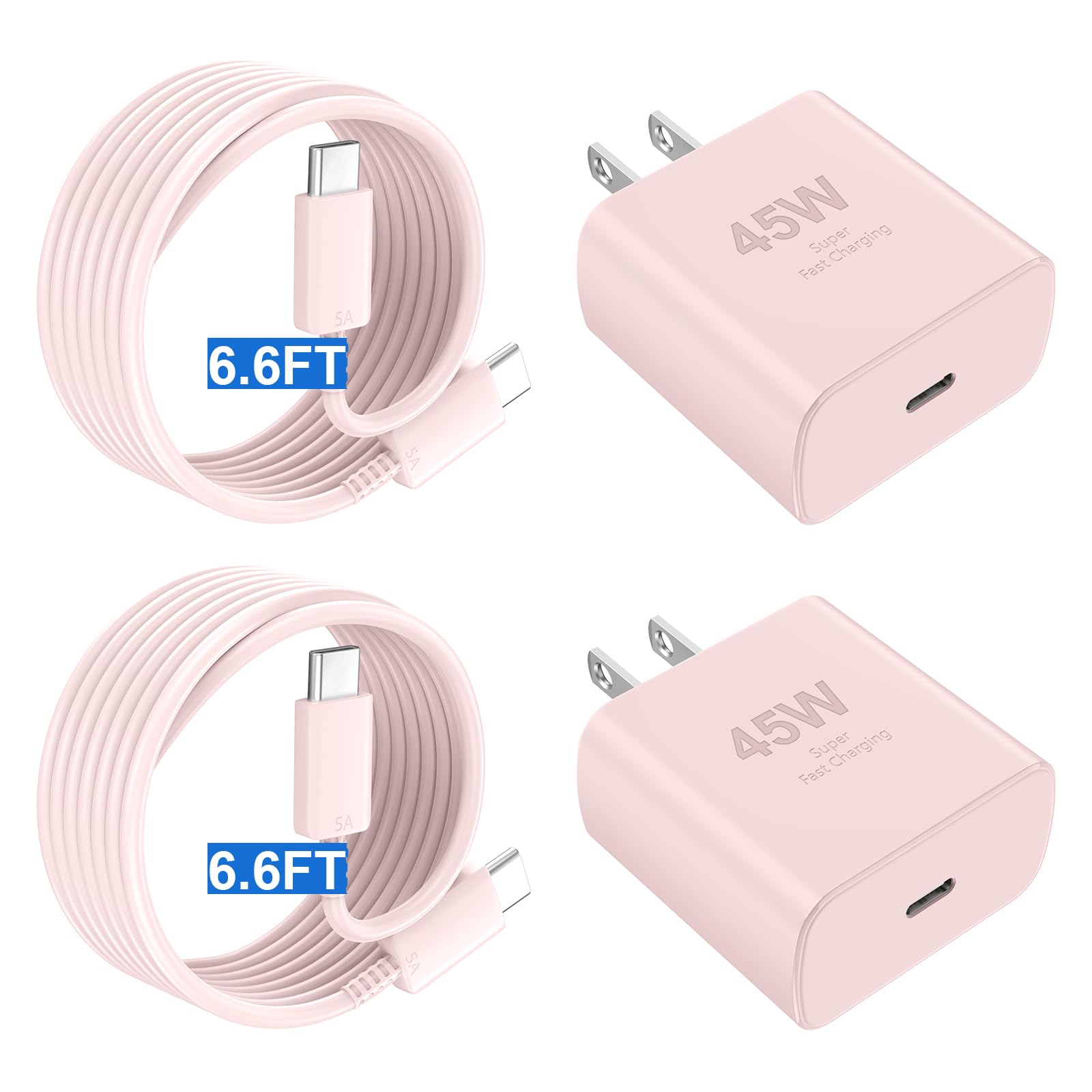 16 Pro Max Charger Fast Charging45W Phone 16 Charger USB C Super Fast Charger Block &6.6FT Long Type C Charger Cable Cord for Phone 16/16 Pro/16 Pro Max/16 Plus/15/15 Pro MaxSamsung GalaxyPink