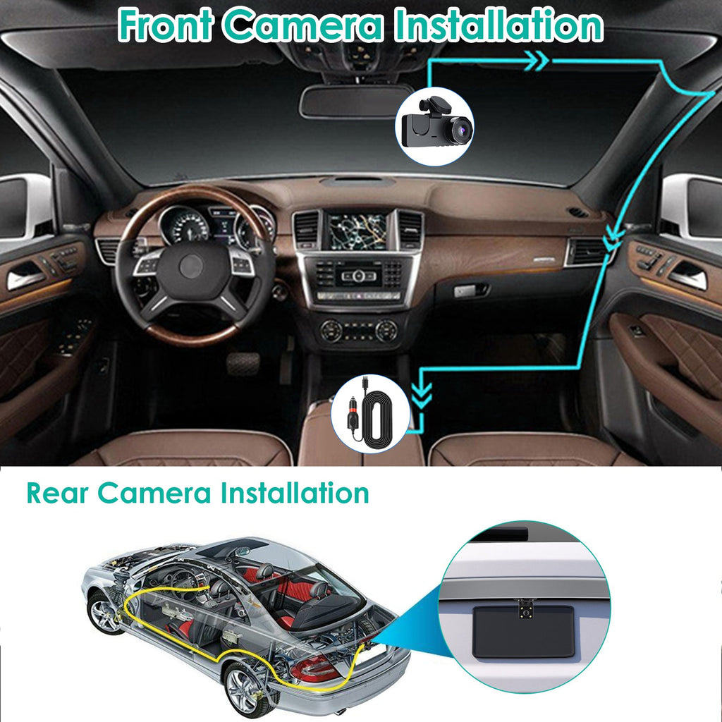 Installation diagram: dash cam at the mirror, cable to the 12V socket, rear camera cable routed to the back plate