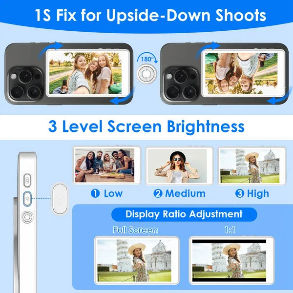 Wireless magnetic selfie monitor attached to the back of a phone - view 4