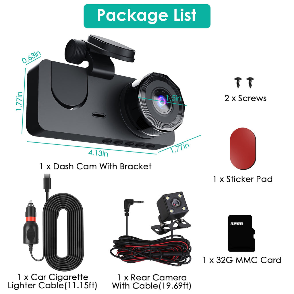 Package list: dash cam with bracket, 11.15 ft charger cable, rear camera with 19.69 ft cable, 32G card, pad, 2 screws