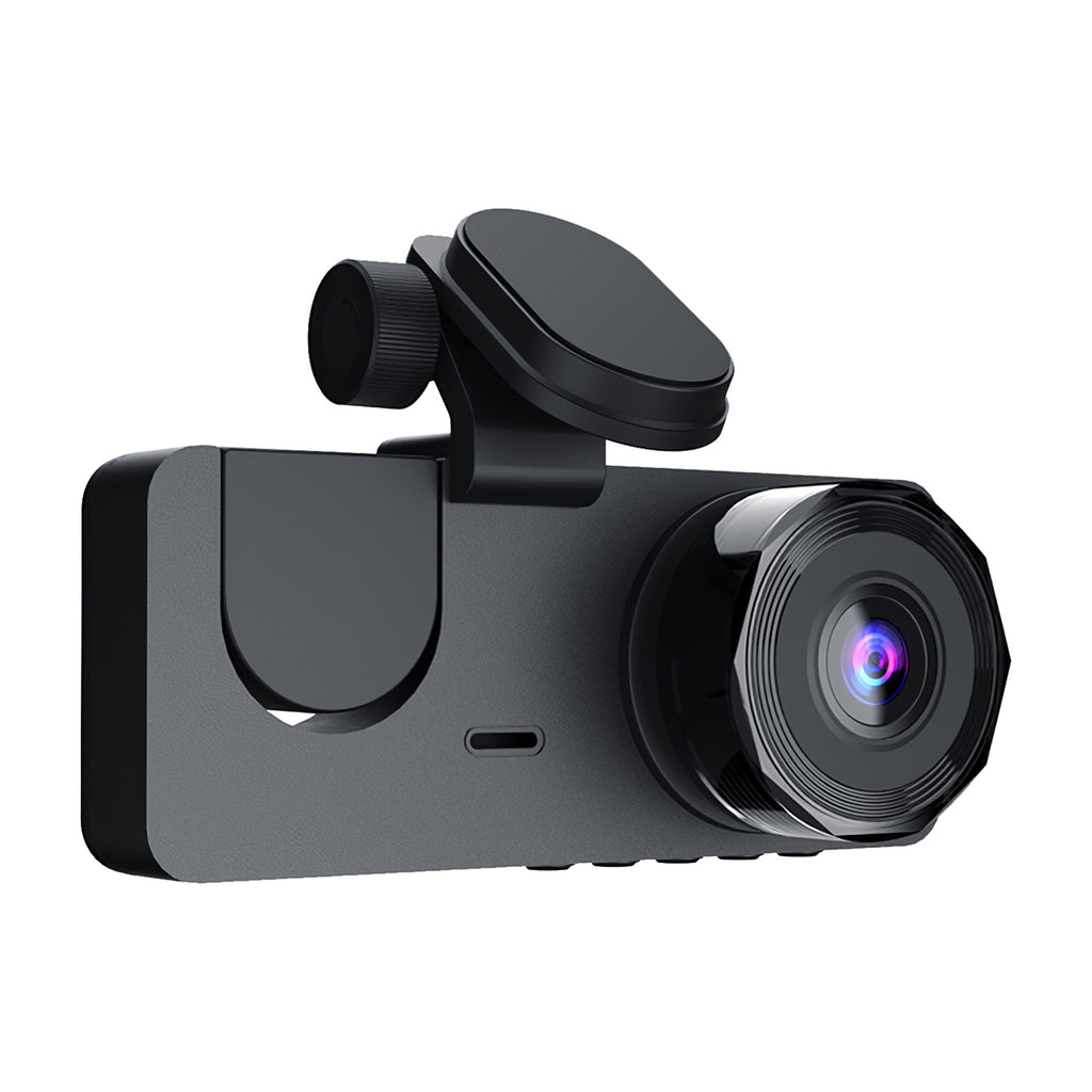Black 3-channel dash cam with front lens and windshield mount, angled view