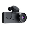 Black 3-channel dash cam with front lens and windshield mount, angled view