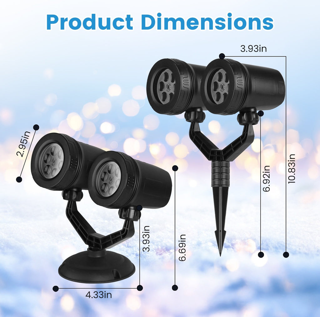 Snowflake projector dimensions: 6.69 in tall on the base, 10.83 in tall on the stake, 4.33 in base width