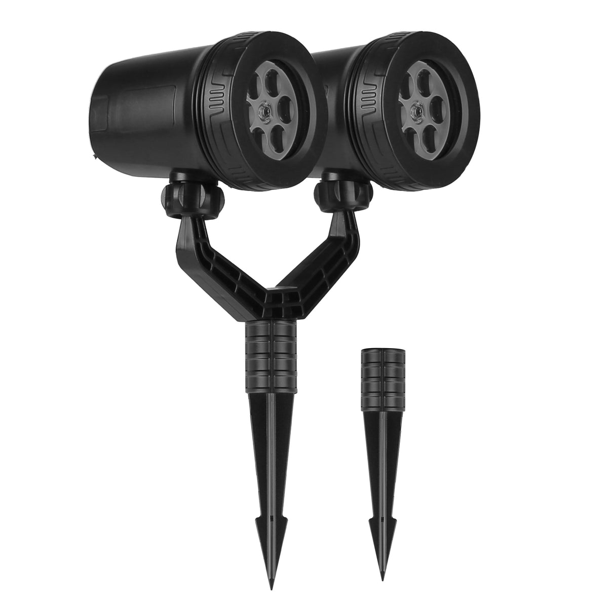 Dual-head snowflake projector light on its ground stake, with a spare stake section