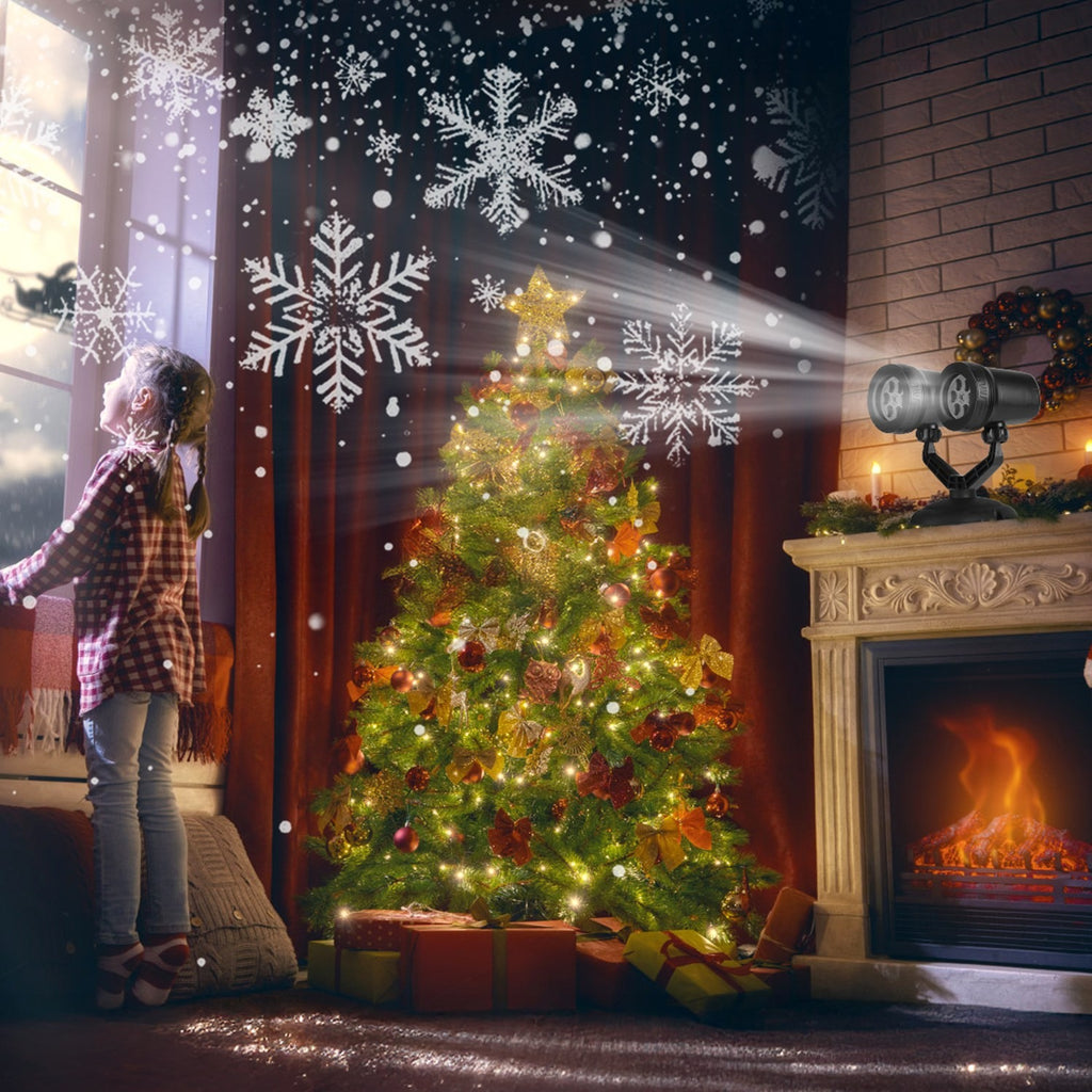 Illustration of the projector on a mantel casting snowflakes over a Christmas tree indoors