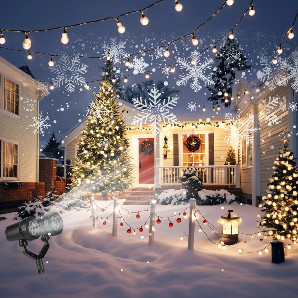 Illustration of the snowflake projector lighting a snowy front yard and house at night